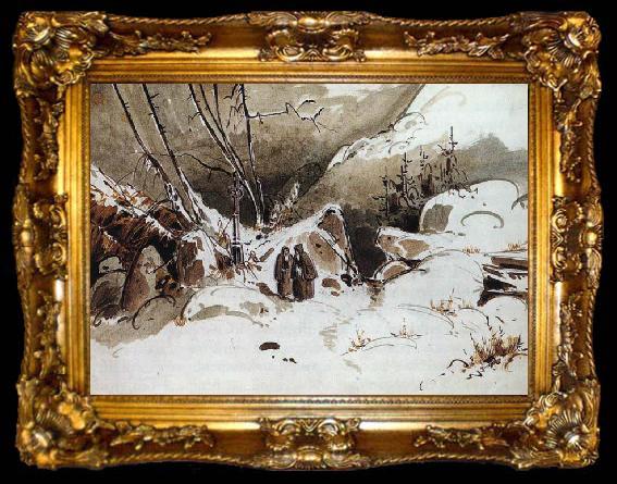 framed  Karl Blechen Alpine Pass in Winter with Monks, ta009-2